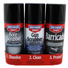 Birchwood Casey 1-2-3 Aerosol Value Pack, 10 oz 2-Bore Scrubber, 2-Gun Scrubber, 2-Barricade Aerosol Can